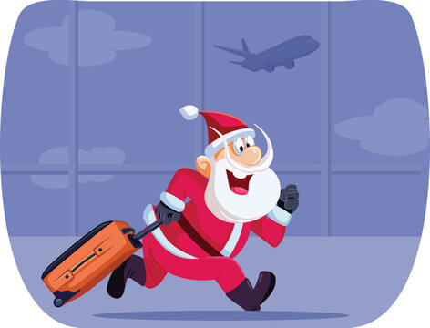 Happy Santa Claus Running With Suitcase At Airport For Christmas Vacation. Vector illustration of Santa Claus hurrying through the airport pulling an orange luggage