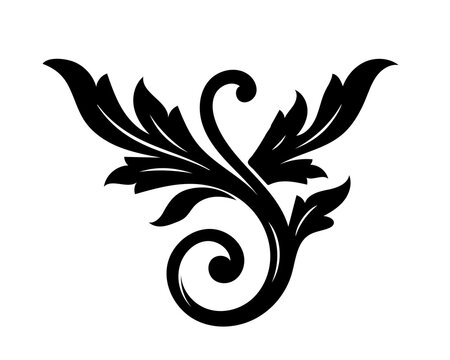 Elegant black floral ornament, vintage decorative flourish design element, ornate swirl motif, baroque style filigree isolated on transparent background