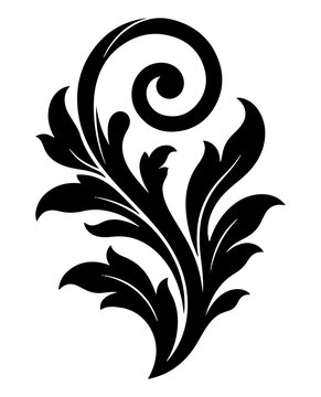 Decorative floral scroll ornament, elegant black silhouette swirl design element for vintage patterns, invitations, and artistic borders isolated on transparent background