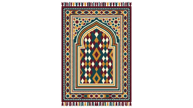 Traditional Islamic Prayer Rug with Geometric Patterns, Ornate Sajjadah Carpet Mat Illustration, Oriental Mihrab Arch Textile Design