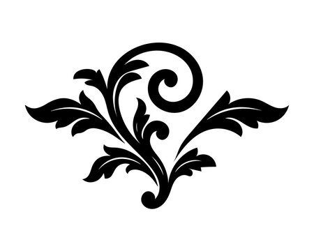 Elegant black floral scroll design element, vintage ornamental flourish for decorative borders and frames isolated on transparent background
