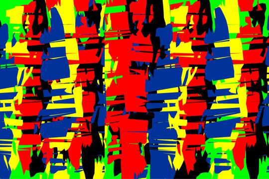 Seamless abstract colorful pattern background vector with bold geometric shapes, dynamic brush strokes, and bright primary colors including red, blue, yellow, green, and black. Perfect for modern fash