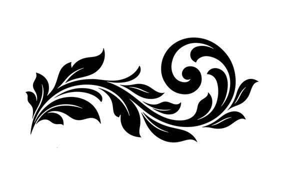 Elegant floral scroll ornament, decorative flourish design element with stylized leaves isolated on transparent background