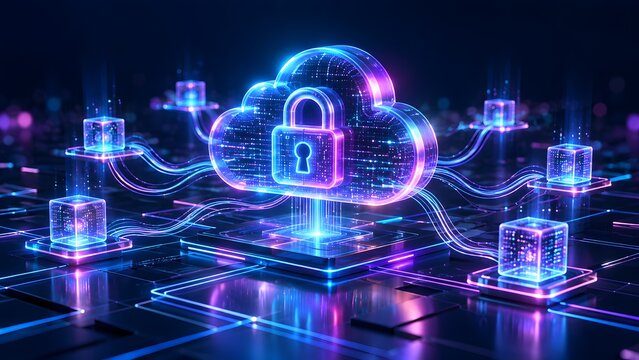 Futuristic glowing cloud security padlock protecting digital data network with illuminated fiber optic connections and advanced cyber encryption technology