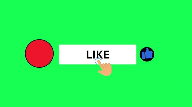 Animated Like Button with Hand Cursor Click and Thumbs Up Icon Isolated on Green Screen Background
