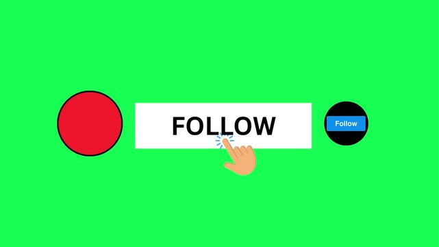 Animated Follow Button with Hand Cursor Click and Follow Icon Isolated on Green Screen Background