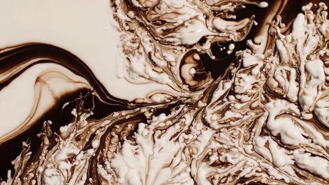 Abstract Swirls of Chocolate and Cream: A mesmerizing abstract pattern formed by the swirling and mixing of rich chocolate and creamy white liquid.