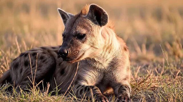 Spotted Hyena Resting in Savannah: A spotted hyena rests comfortably in the dry grass of the savannah, its powerful build and distinctive markings evident in the warm afternoon light.