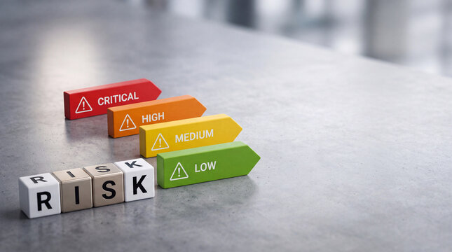 Business risk management and assessment concept featuring colorful arrow blocks showing critical, high, medium, and low levels with dice spelling risk on a grey stone background.