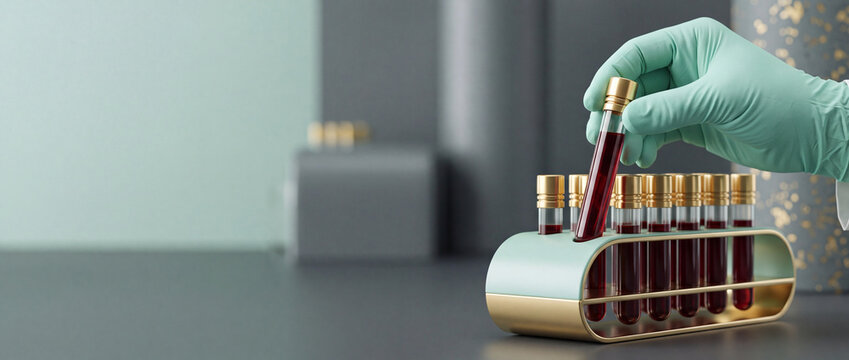 Close-up of a medical professional wearing teal surgical gloves holding a glass test tube with a blood sample and gold cap, taken from a modern designer rack in a clinical laboratory setting.