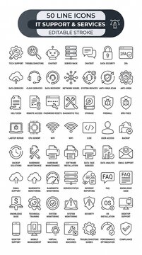 IT support line icon set for network security and data management