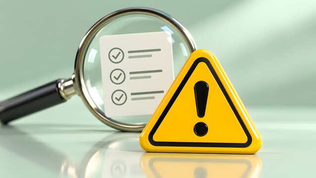 Magnifying glass inspecting compliance checklist document alongside yellow warning alert triangle depicting corporate quality control safety audit and risk assessment