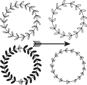 Four simple laurel wreath frames and arrow for rustic wedding or greeting card decoration.