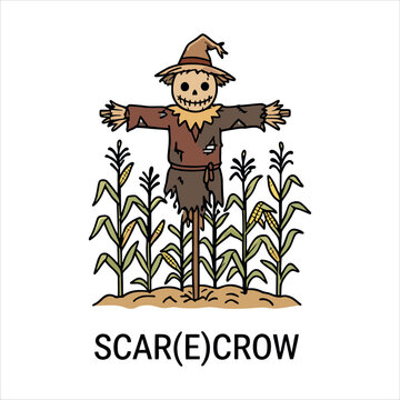 Creepy scarecrow standing in cornfield vector illustration
