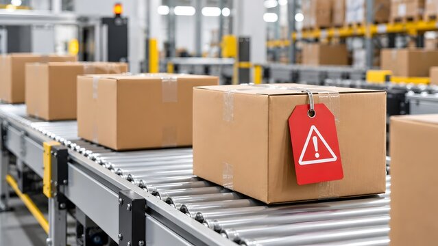 Packages moving on roller conveyor belt in a large distribution warehouse with a red warning tag highlighting supply chain interruption and logistics issues