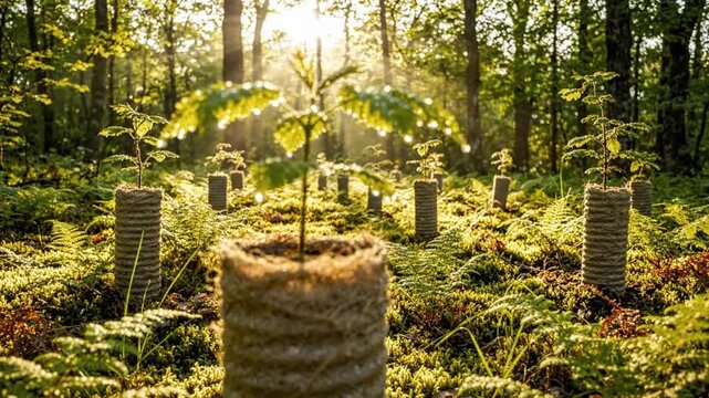 Young Saplings in Forest Nursery: Tiny tree saplings, protected by burlap, are nurtured in a sun-dappled forest nursery, symbolizing growth, reforestation, and the promise of new life.