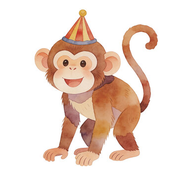 Cute Watercolor Circus Monkey Wearing Striped Party Hat &ndash; Happy Carnival Animal Clipart
