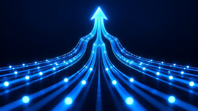 Converging digital fiber optic light trails forming a glowing upward arrow representing data centralization technological optimization and network acceleration