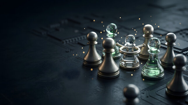 Conceptual representation of digital business strategy featuring glass and metallic chess pieces on a computer circuit board surface for technology, leadership, and cybersecurity concepts.