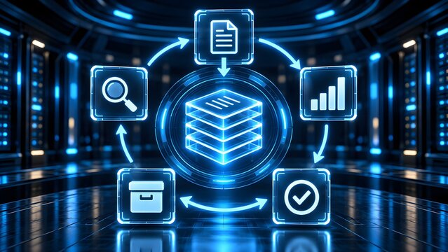 Futuristic database management workflow featuring circular synchronization arrows connecting business analytics and information nodes