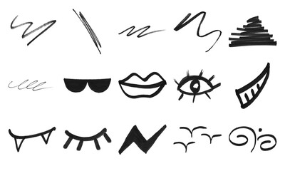 Fototapeta premium Black marker doodle symbols and sketchy design elements PNG isolated on transparent background