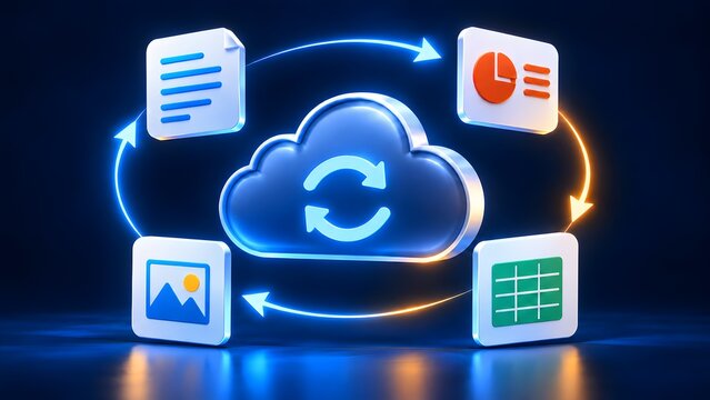 Futuristic cloud computing ecosystem demonstrating seamless data synchronization with digital document presentation and multimedia file icons in continuous loop