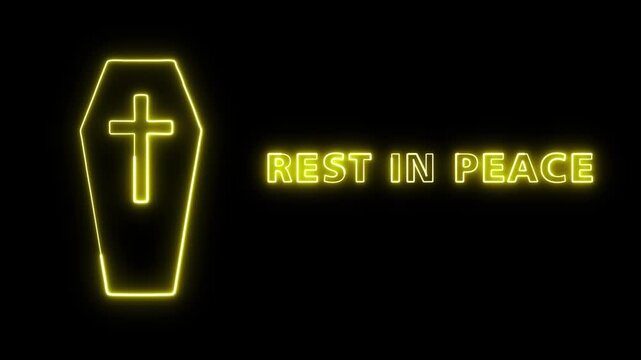 Neon Coffin Sign with Rest in Peace Text for Funerary Commemoration and Memorial Concepts