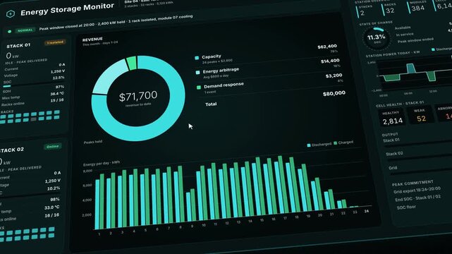 Energy Storage Dashboard, Battery Energy Storage System, BESS Revenue Monitor, Site 04 East Yard, Stack Hall 32 Racks, Cell Health Status, Revenue Normal Discharging, Evening Peak Grid Flow
