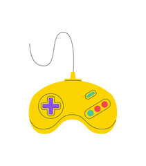 Retro cartoon gamepad joystick sticker in yellow with colorful buttons. Vintage joystick as console controller gadget for videogame fun, classic style for game sticker and playful entertainment. © Moonnoon