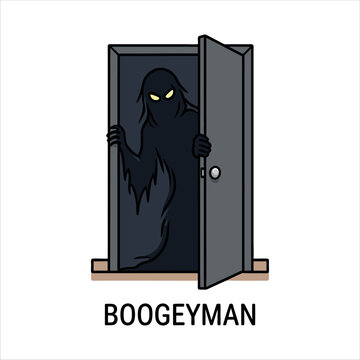 Scary boogeyman monster hiding behind open dark door vector illustration