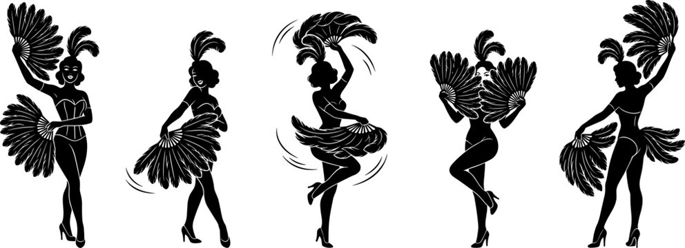 Black silhouette set of showgirls dancing with feather fans on a white background