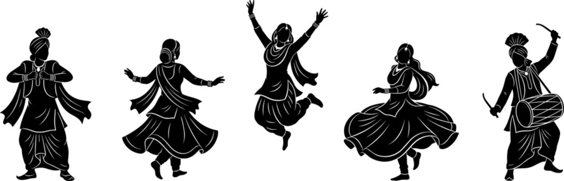 Bhangra and Giddha dancers silhouette set performing traditional Indian folk dance on white background