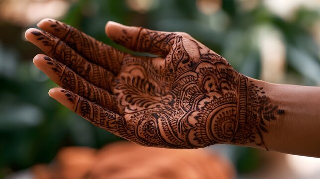 A hand adorned with detailed henna patterns  showcasing traditional ry against a soft blurred green background