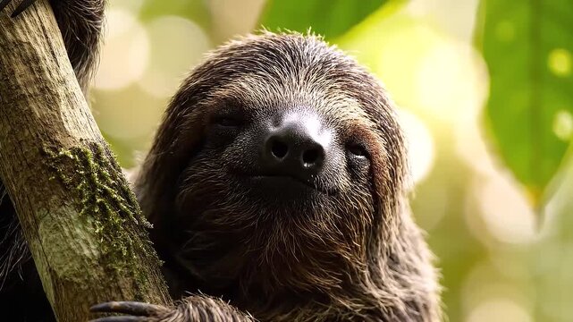 Sloth Resting in Tree: A close-up shot of a sleepy sloth hanging from a tree branch, with soft, blurred green foliage in the background.