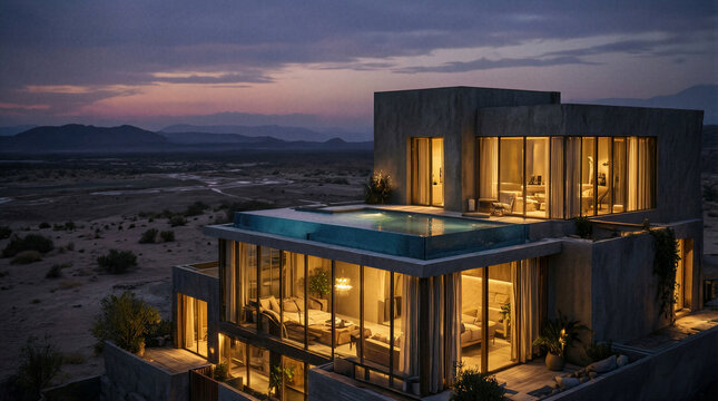 Luxury desert residence featuring intersecting rectangular volumes and rooftop terrace pool overlooking untouched landscape at dusk