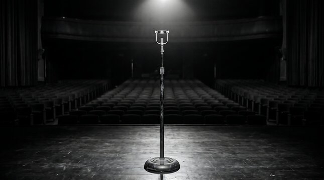 Centered vintage metal microphone stand standing alone on a dark empty theater stage illuminated by a single dramatic overhead spotlight in monochrome.