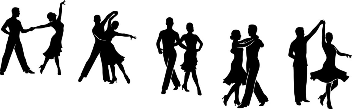 Set of ballroom dance silhouettes featuring couples performing various latin dance steps isolated