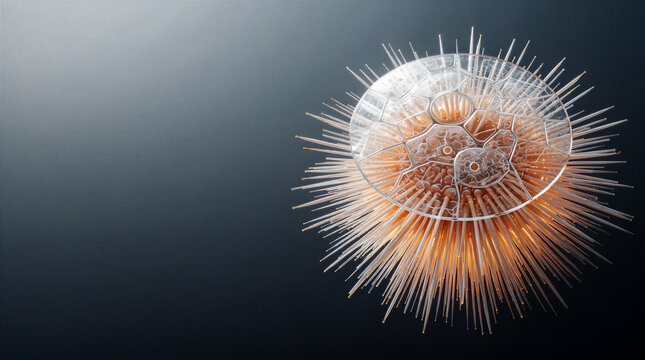 Translucent plates form the glass top of a geometric cake urchin aboral surface with fiber optic spines
