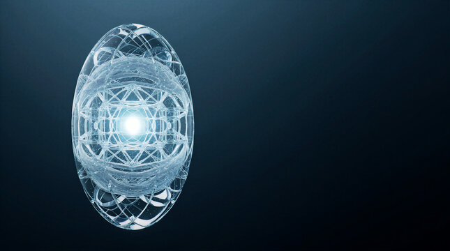 Translucent crystal pod enclosing a balanced organic and geometric energy structure representing harmony between sustainability and technology