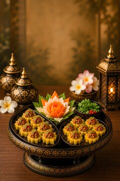 Traditional Thai Ma Hor on Black and Gold Lacquerware Pedestal Tray