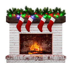 Obraz premium PNG Festive Christmas fireplace with stockings, garland, lights, fire