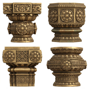 South Indian Dravidian temple pillar capitals with floral rosettes, lotus carving, geometric bands, and layered molding