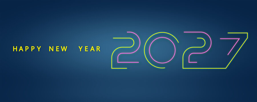 Minimalist dark blue holiday banner displaying colorful linear outline 2027 numbers alongside elegant gold greeting typography vector template.
