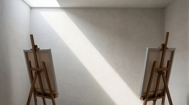 Art studio interior with two blank canvases on wooden easels facing each other as diagonal skylight illuminates the empty white wall