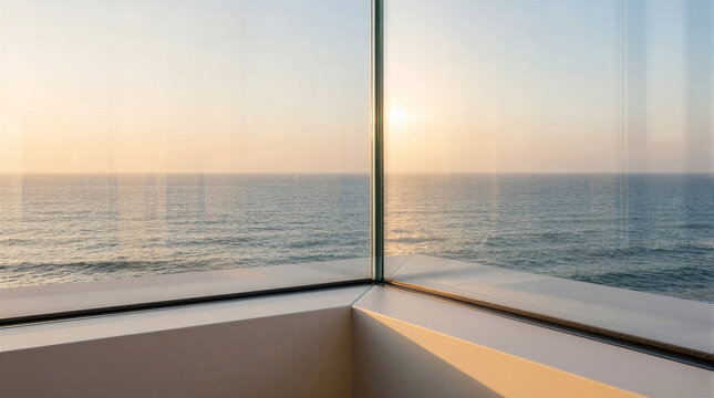 Frameless corner window featuring 12mm thick low iron glass panel at 90 degree angle with 50mm deep recessed floor overlooking ocean sunset