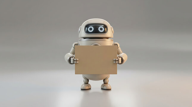 Cute small robot holding a blank sign for your message