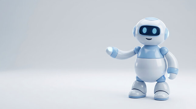 Cute small blue robot pointing with its hand
