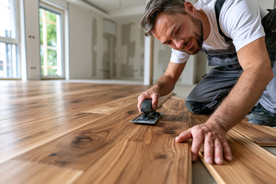 Man installs hardwood floor with precision and care. Tools glide smoothly over rich wood grain. Natural light floods the open, empty space. Dedicated craftsman focused on perfect alignment