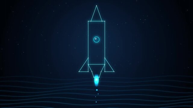 Digital rocket launch animation, glowing neon wireframe spacecraft flying over abstract data waves, futuristic technology background