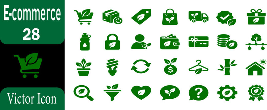 Set of twenty eight green ecommerce icons representing online shopping business and digital retail services